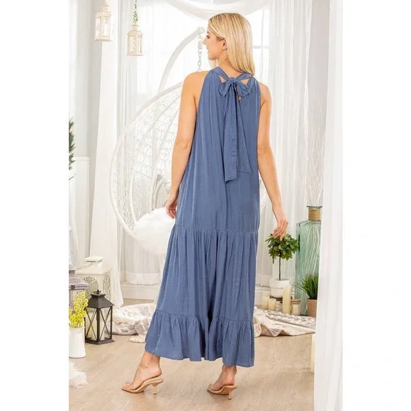 New Blue Rayon Spandex dress tie back ruffle tier wedding guest daytime maxi - Picture 3 of 3